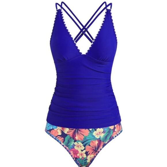 Zaful Womens 2 Piece Tankini Set Size XL Floral Bikini Bottoms crisscross straps - Picture 2 of 9